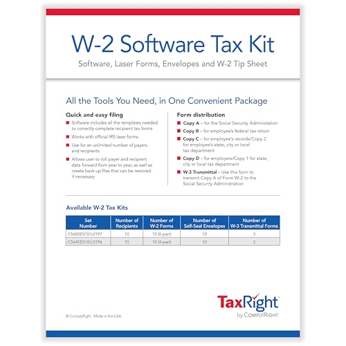 ComplyRight TaxRight Set W-2 (4-Part) with Self-Seal Envelopes and Software, 10-Pack, Tax Preparer Supplies