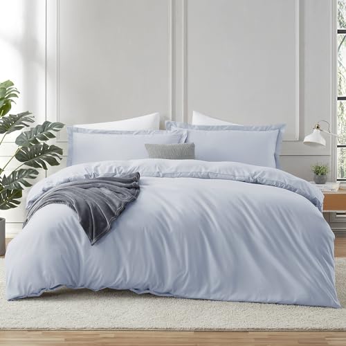 Image of Hearth & Harbor Ice Blue Duvet Cover Queen Size, 3 Piece Bedding Set | Soft Double Brushed Bedding Set, Button Closure, 1 Duvet Cover 90x90 Inches, 2 Pillow Shams