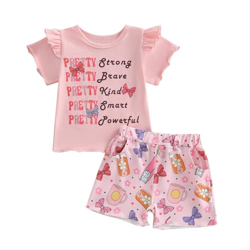 Image of DSORVICD Toddler Baby Girl Summer Clothes Letters Ruffle Short Sleeve T-shirt Bow Print Shorts 2 Piece Outfit (Pink, 2-3T)