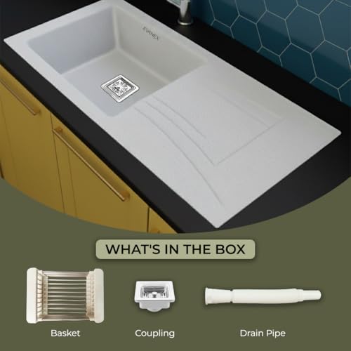 Image of EVANEX Quartz Sink for Kitchen|36x18x9 inch Kitchen Sink with Drain Board|Granite Sink for Kitchen Basin|Rosa Quartz Kitchen Sink with Connector, Waste Pipe, Coupling and Drain Basket
