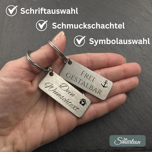 SMARTEON Schlüsselanhänger personalisiert mit Gravur | Wunschtext + Wunschsymbol | Schlüsselanhänger mit Namen | Schlüsselanhänger Auto Führerschein | Beidseitige Gravur | Hochwertiger Edelstahl
