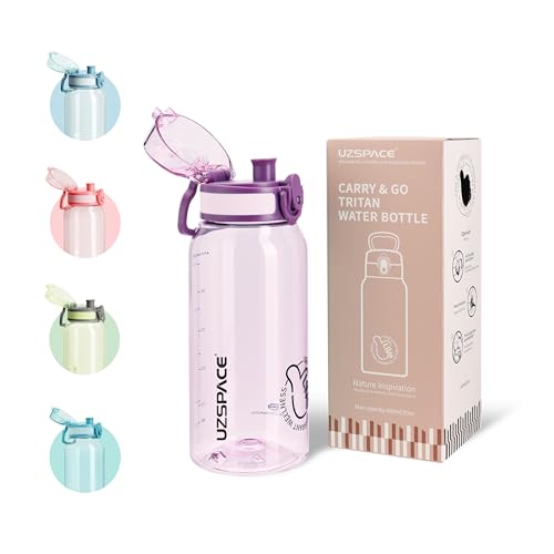 UZSPACE Botella Agua 600ml, Botella Agua Niño sin BPA, A Prueba de Fugas, Apertura de un Clic, Cantimplora infantil con Asa para Colegio, Bicicleta, Running (Lila)