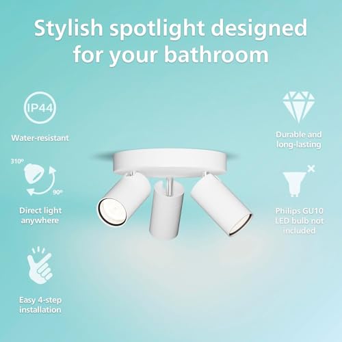 PHILIPS Idris 3-Head spot on Round Plate, GU10 lamp not Included, White, IP44, Water-Resistant - Cosy Home Interiors PHILIPS Idris 3-Head spot on Round Plate, GU10 lamp not Included, White, IP44, Water-Resistant - Image 2
