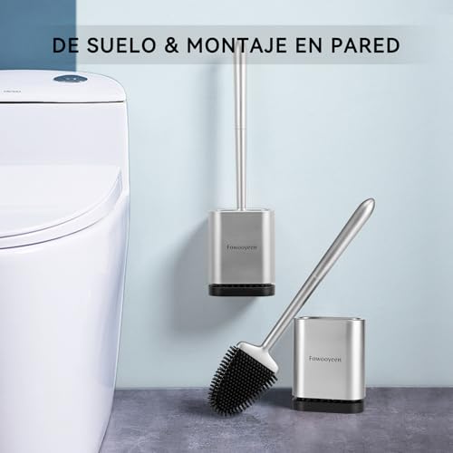Miniatura 6 de Fowooyeen Escobillas De Baño, Escobilla Wc Silicona, Cepillo Toilet Plana De Mango Largo, Cepillo De Limpieza Wc Curvo De Pie Montado En La Pared, Escobilla Suave Para Baño, Wc E Inodoro - Plata Mate