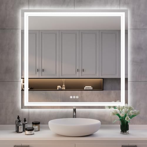 ISKM 40''L x 38''W LED Mirror for Bathroom Lighted Vanity Mirror for Wall Front Lights + Backlit LED Bathroom Mirror Anti-Fog Tempered Glass ETL Listed