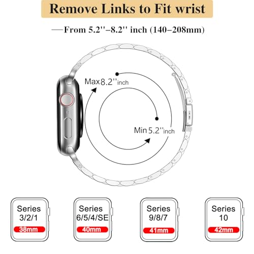 Image of MioHHR Slim Metal Band Compatible with Apple Watch Bands 42 /41 /40 /38mm | Thin Luxury Stainless Steel iWatch Bands Series 11 /10 /9 /8 /7 /6 /5 /4 /3 /2 /1 /SE3 /SE2 /SE for Women,Silver