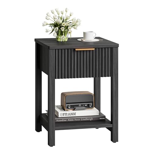 Fluted Nightstand with Drawer, Modern Beside Table with Open Shelf,