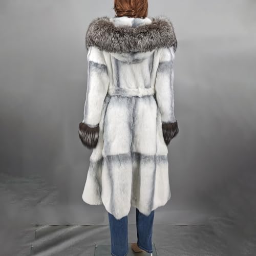 LVCOMEFF Women Genuine Rabbit Fur Long Coat Jacket with Silver Fox Fur Collar Hood Luxurious3