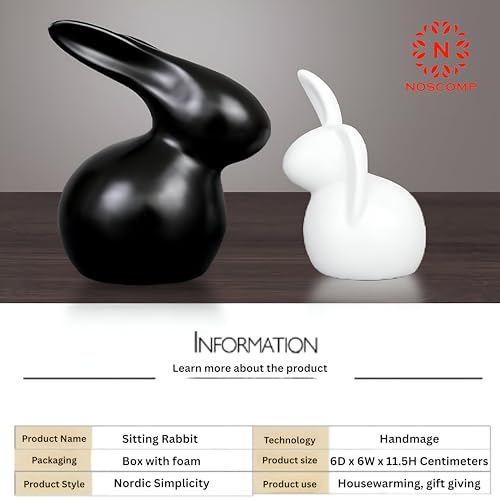 Image of NOSCOMP Modern Sitting Ceramic Rabbit Figurines for Home, Office, and Easter Decor | Set of 2 Minimalist Black and White Bunny Sculptures.