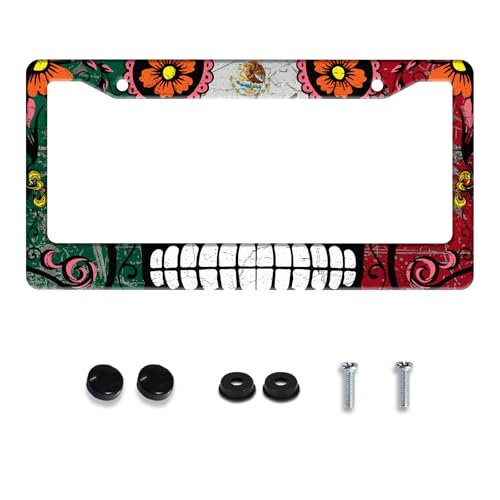Personalized License Plate Frame Stainless Steel Mexico Flag Skull Funny Car License Plate Accessory Decorative 2 Holes and Screws Fits Us Standard License Plates Size: 12.2 X 6.3 Inch for Men Women