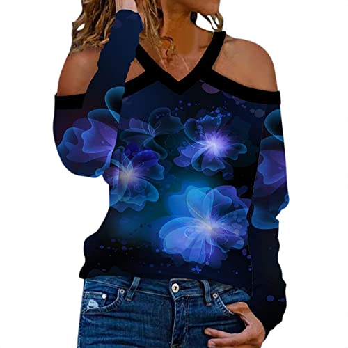 Long Sleeve Shirts for Women Trendy Shiny Floral Print Casual V-neck Halter Neck Hollow Out Shirts Pullover Sweatshirt