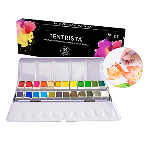 PENTRISTA Acuarelas Profesionales, 24 Colores Intensos en Caja Portátil, Juego de Acuarelas, Colores Pintura Sólida Kit Acuarela de Viaje Ideal para Artistas, Principiantes y Aficionados a la Pintura