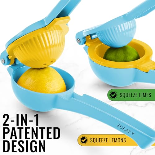 Image of Zulay Metal 2-In-1 Lemon Squeezer Manual - Sturdy, Max Extraction Hand Juicer Lemon Squeezer Gets Every Last Drop - Easy to Clean Manual Citrus Juicer - Easy-to-Use Lemon Juicer Squeezer - Blue /Yellow