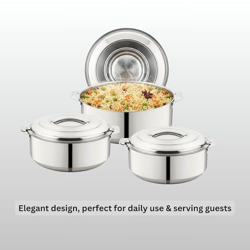 Image of 1000 ml, 1500 ml, 2500 ml Double Wall Insulated Stainless Steel Casserole Set of 3 | Hot Pot for Roti, Rice, Gravy, Curry | Silver Hot Box with Steel Lid & Twist Lock