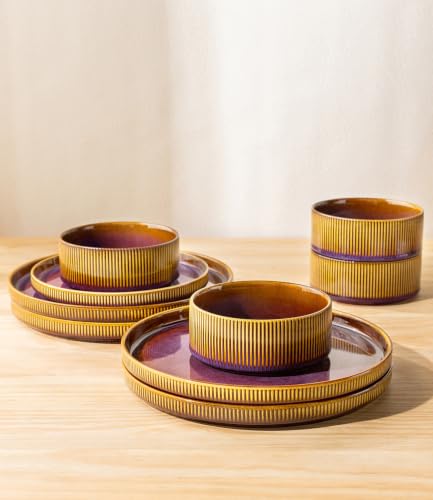 Image of TheTerra Ceramic Dinnerware Sets for 4, 12 Pieces Porcelain Lightweight Plates and Bowls Sets, Scratch Resistant Dish Set, Oven & Microwave & Dishwasher Safe, Amber Amethyst