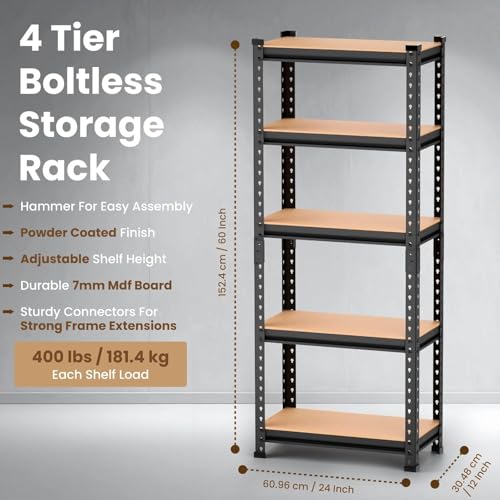 Image of 5 Tier Heavy Duty Storage Rack - Boltless Metal Shelving Unit with Adjustable Shelves, Powder Coated Steel Frame, MDF Board Shelves for Garage, Warehouse, Kitchen & Office Storage (5 Shelf)