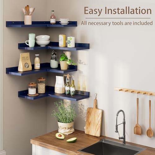 4 Tier Floating Shelves - Navy Blue Set of 4, Rustic Pine Wooden L Shaped Corner Wall Shelf for Wall Decor Storage, Bedroom, Living Room, Bathroom, Kitchen - Image 4