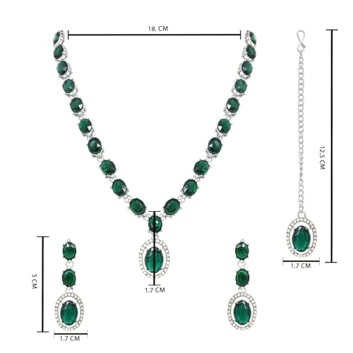 Image of I Jewels Silver Plated Stylish Design Crystal Diamond Necklace With Earrings & Maang Tikka Jewellery Set for Women