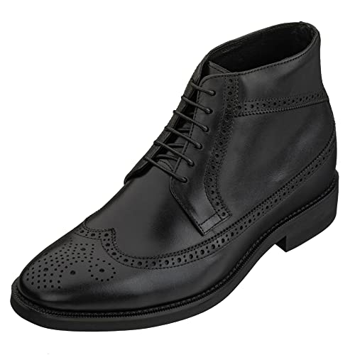 CALTO Men's Invisible Height Increasing Elevator Shoes - Black Premium Leather Lace-up Wing-Tip Dress Boots - 3.2 Inches Taller - S27001 - Size 10 D(M) US