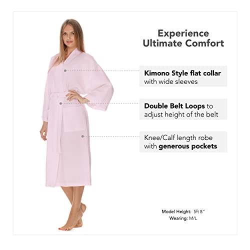 Waffle Robe For Women By Boca Terry, Waffle Knit Robe, Long Cotton Kimono Hotel Bathrobe, Pink Small/Medium #TOP4