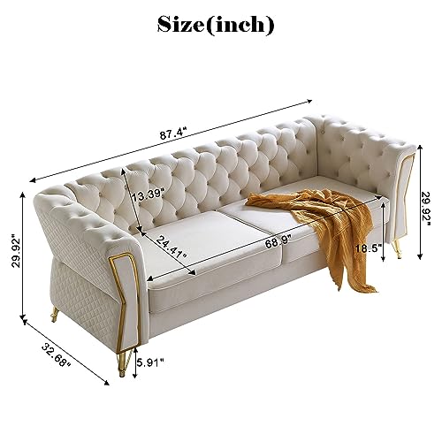 Image of KEIKI 87 inch Chesterfield Velvet Button Tufted Sofa with High Density Foam Cushions, Modern Style 3-Seater Couch with Gold Strip Trim Decoration, Easy Assembly, for Apartment, Living Room, Office, Beige