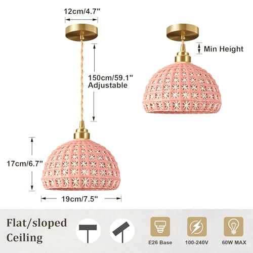 Image of Pink Ceramic Pendant Light Farmhouse Brass Finish Modern Pendant Light Minimalist Style Ceiling Hanging Lamp for Kitchen Island Bedroom Bedside