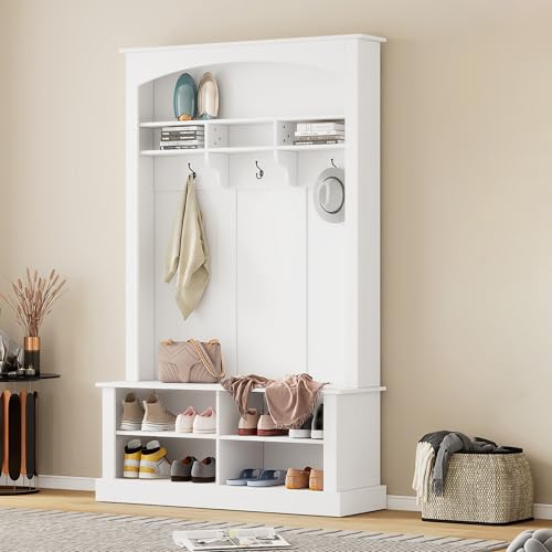 Meuble d’Entrée, Porte-Manteau avec Banc à Chaussures, Vestiaire, Rangement pour Chaussures, 3 Crochets, Gain de Place, Étagères Réglables, Espace de...