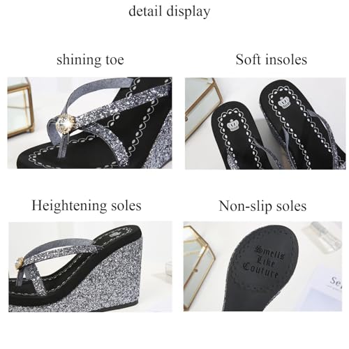 Women's Super High Heel Platform Sequin Diamond Flip Flops Shiny Sequin Wedge Non-Slip Comfortable Flip Flops.3