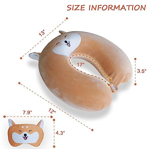 Image of Cute Travel Pillow with Sleep Eye Mask Cartoon Headrest & Neck Pillow for Kids Boys & Girls, Teens, Travel Accessories for Airplane, Car, Recline, Home Use Memory Foam Flight - Cute Yellow Corgi