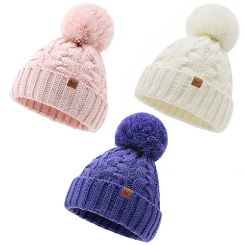 Toddler Winter Hat Toddler Pom Pom Beanie Kids Warm Lined Knit Hat Baby Winter Hats for Girls Boys 3M-8T