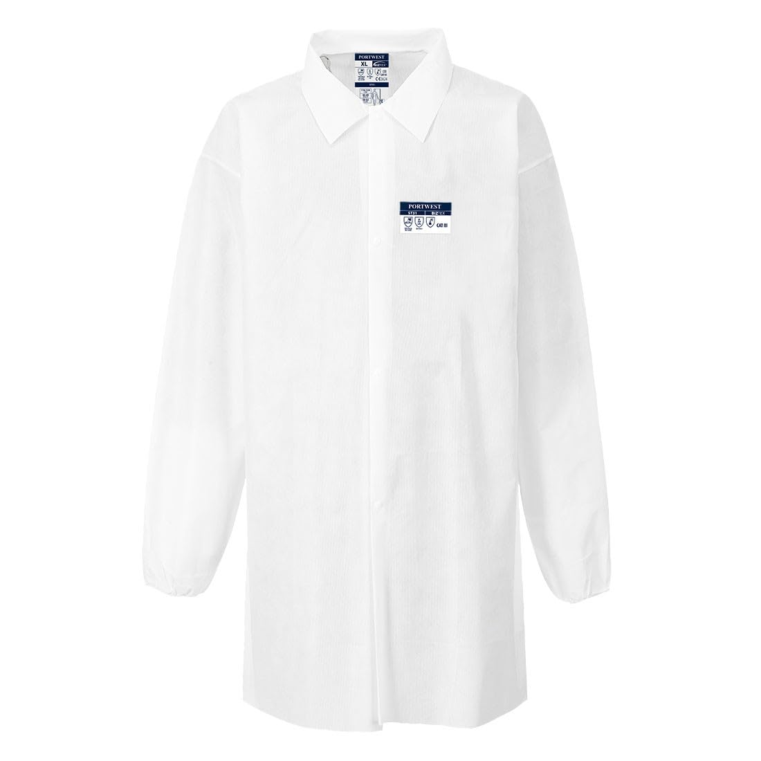 Portwest ST31 Bata Biztex Sms Frontal con Corchetes Oculto Certificado CE | Blanco, L, EN 13034, EN 1149-5, Corte Estándar, Manga Larga, Botones a Presión, Lavable a Máquina, Poliéster, Tejido Exterior