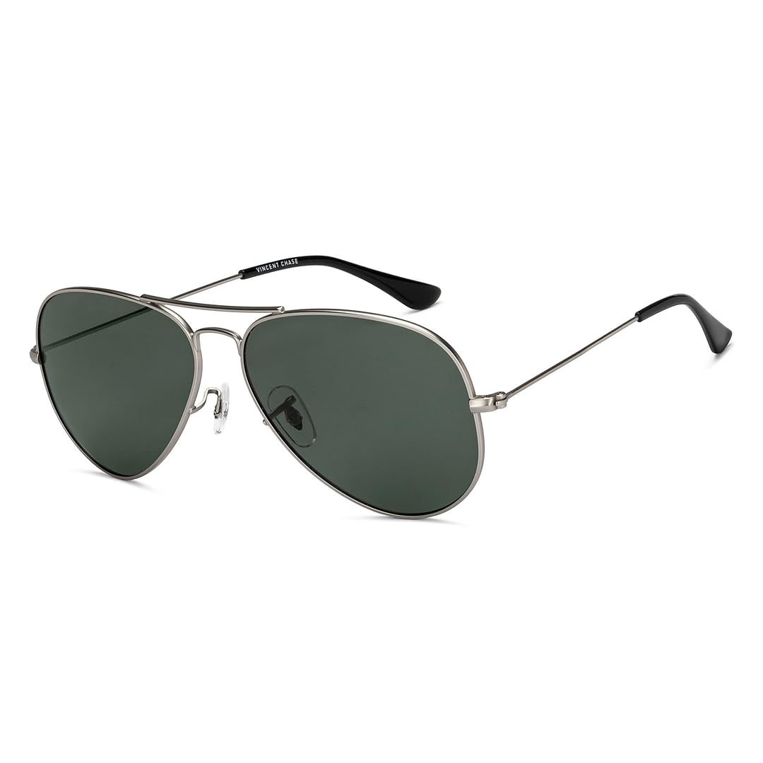 VINCENT CHASE EYEWEARBy Lenskart | Silver Grey Full Rim Pilot | Assorted Collection | Branded Latest and Stylish Sunglasses | Polarized and 100% UV Protected UV400 | Men & Women | | 211473, M