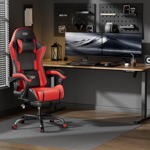 Image of HLDIRECT Gaming Chair, Ergonomic Video Game Seat with 360 Swivel & Lumbar Massage for Adults Home /Office Use, Computer Chair PU Leather Cushion (Black & Red)