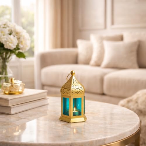 Image of MARKET 99 Metal+Glass Moroccan Lantern with Plain Glass | for Diwali, Christmas, Birthday, and Wedding | Decorative Candle Holder for Home Decor -Golden & Blue | (Use LED T-Light only)