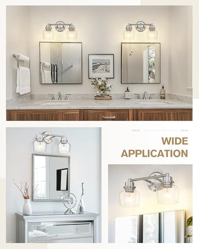 Image of Emak 2-Light Vanity Lights, Brushed Nickel Bathroom Lights Over Mirror with Clear Glass Shade, Modern Bathroom Wall Sconces, VL122-BN-CG-2