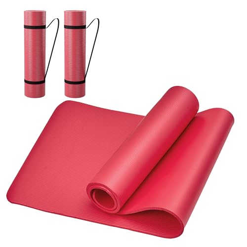 VECELO ヨガマット【2点セット】10mm厚 手首・膝を守る高弾性マット 滑り止め加工・防音・水洗い可能 ピラティス/筋トレ/ストレッチ用 軽量バンド付き 183×61cm レッド