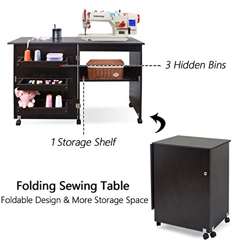Usinso Folding Sewing Table Multifunctional Sewing Machine Cart Table Sewing Craft Cabinet Table With Storage Shelves Portable Rolling Sewing Desk Computer Desk With Lockable Casters(Brown) #TOP2