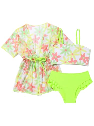 Kids Girls Pieces Swim Cover Up Sets Floral Short Sleeve Kimono Top Bikini Bra Top with Brief