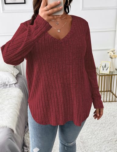 Image of Koscacy Women Plus Size Casual Knit Sweater V Neck Solid Color Tops Lightweight Long Sleeve Blouses