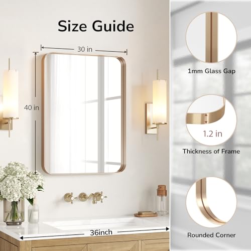Image of USHOWER Gold Bathroom Mirror 30 inchx40 inch, Brushed Gold Rectangle Mirror for Over Sink, Aluminum Frame, Anti-Rust, Tempered Glass, Horizontal or Vertical Mounted, Champagne Gold (Neutral Gold)