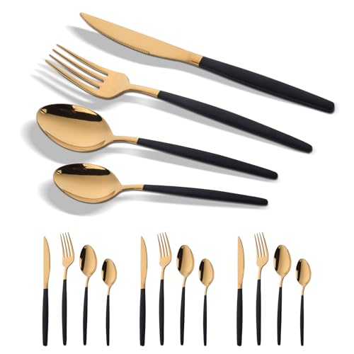 YDware Besteck Gold Schwarz, 16 Stück Schwarz Gold Besteck Set für Haus Küche Restaurant Gabeln Löffel Teelöffel Steakmesser Cutlery Set, Für 4...