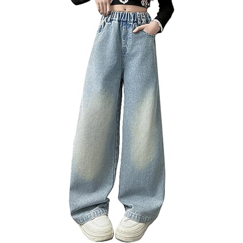 Kids Girls' Elastic Waist Wide Leg Baggy Denim Pants Straight Washed Loose Jeans Stylish Y2K Teens Casual Trousers