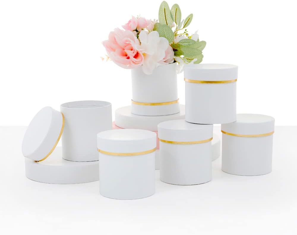 UNIKPACKAGING Set of 6 pcs, Small Round Shaped Flower Gift Boxes, 4" dia. x 4" inch, for Unique Flower and Gift Arrangements, Partry Favors (ALL White)