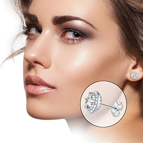 Silver Earrings, stud earrings for women with 18K White Gold Plated Earring Hypoallergenic Round Cut Cubic Zirconia Earrings 5
