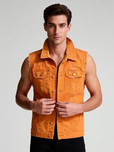 Image of Men's Sleeveless Ripped Denim Vest Casual Slim Fit Button Down Jeans Vests Jacket