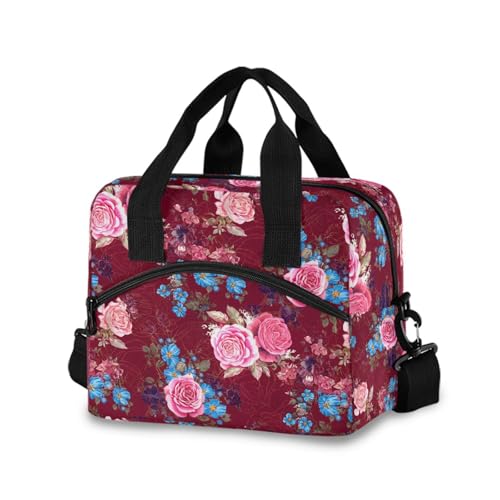 Sinestour Insulated Lunch Bag Reusable Cooler Rose Floral Red Lunch Box Adjustable Shoulder Strap for Adults Men Women