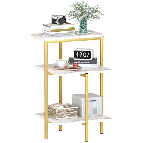 furlinkhm 3-Tier White and Gold End Table, Faux Marble Sofa Side Table,Small Rectangle Coffee Table BedsideTable w/Metal Frame,Modern Accent Corner Table for Living Room Bedroom Cover