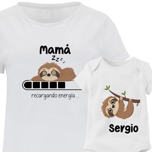Regalo dia de la Madre Camiseta Personalizada Mama e Hijo Body Bebe y Pack Divertida Regalo Original Conjunto Familia Amor Mother Nombre Recargando energia Perezoso