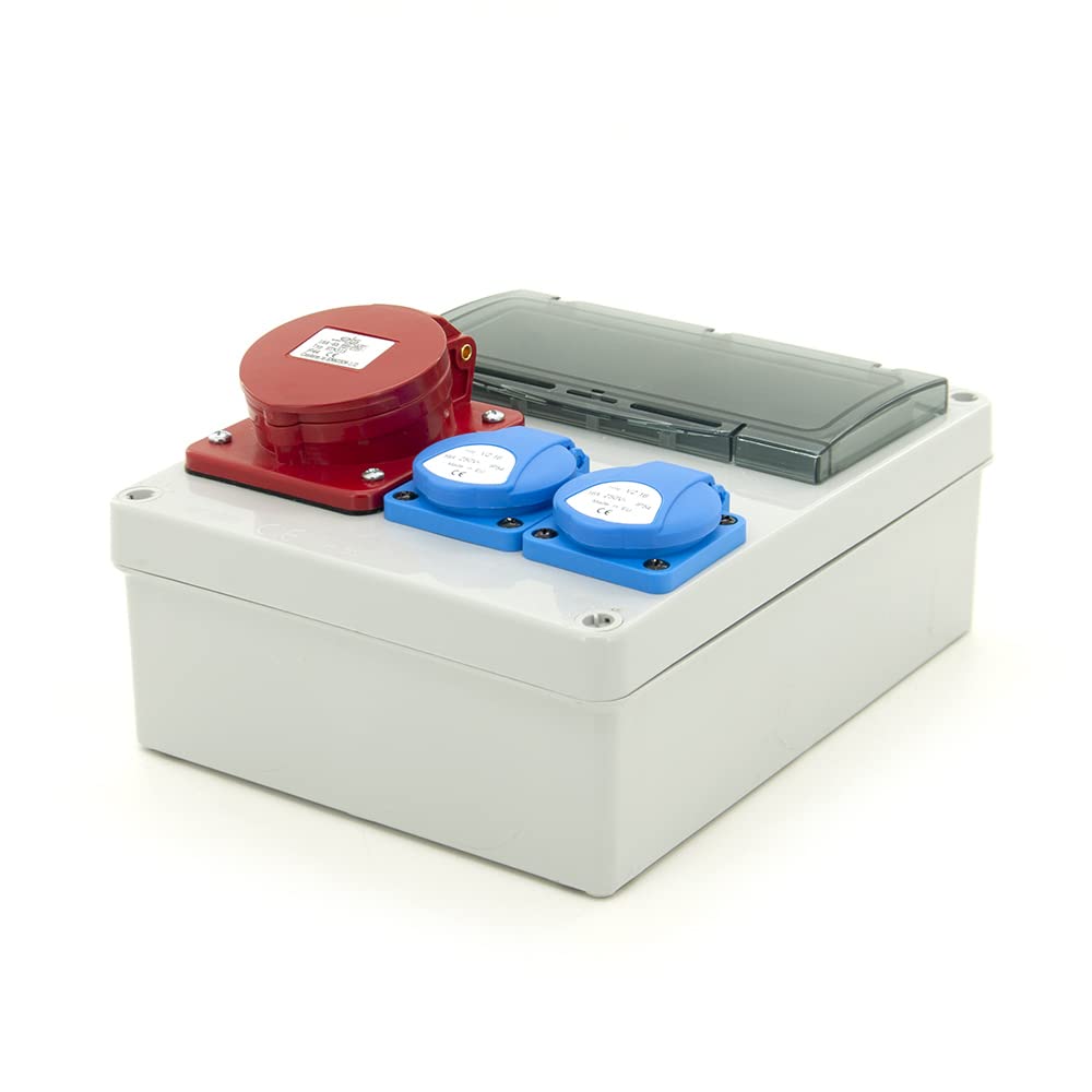 ELS Elektrotechnika Steckdosenverteiler Baustromverteiler Wandverteiler Leer Leergehäuse Schuko Steckdosen 2x230V und 1 x CEE16A, für Innen und Außen, zur Nachrüstung mit modularen Geräten, Verkabelt