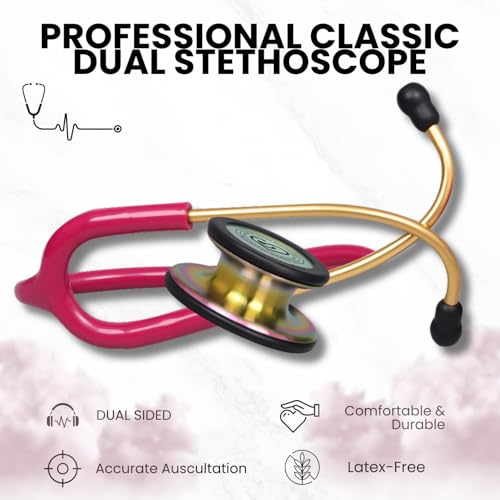 Image of MaiWieel-Classic Monitoring Stethoscope Professional Dual Head Raspberry Stethoscopes For Nurse,Doctor,Vet,Home Medical,EMT,Double-Sided Stainless Chestpiece,Flexible Tubing & Soft Sealing Eartips (Rainbow-Raspberry)